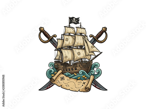 Elaborate Pirate Ship With Tattered Sails, Crossed Swords, Stylized Waves, And Treasure Map On Aged Parchment With Scattered Gold Coins Vector Illustration