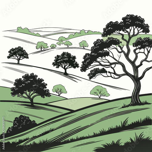 A green and black line of a rolling hills landscape with trees, grass, and a peaceful meadow on a white background