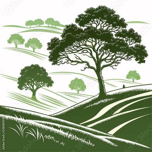 A green and black line of a rolling hills landscape with lush trees, grass, and a peaceful meadow on a white background
