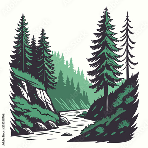 A scenic forest landscape featuring tall pine trees on rocky cliffs overlooking a flowing river, rendered in a two-tone green style