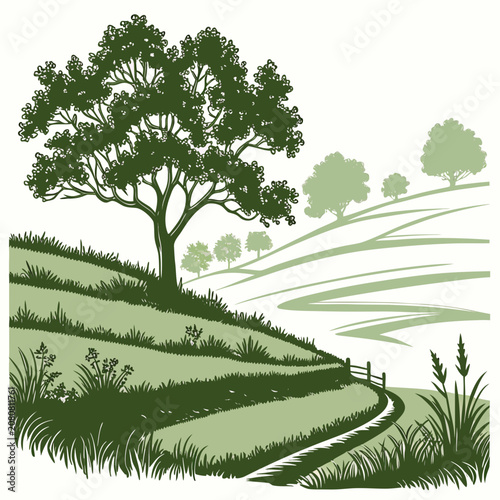 A peaceful rural landscape featuring a large tree on a grassy hill with a winding path and distant rolling hills, in a two-tone green style