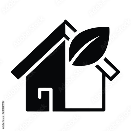Eco house icon with leaf symbol for sustainable living and green energy home construction as a bold black vector graphic on white