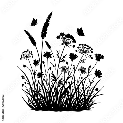 Black floral silhouettes, wildflowers, grass, and butterflies vector illustration, nature elements, garden design