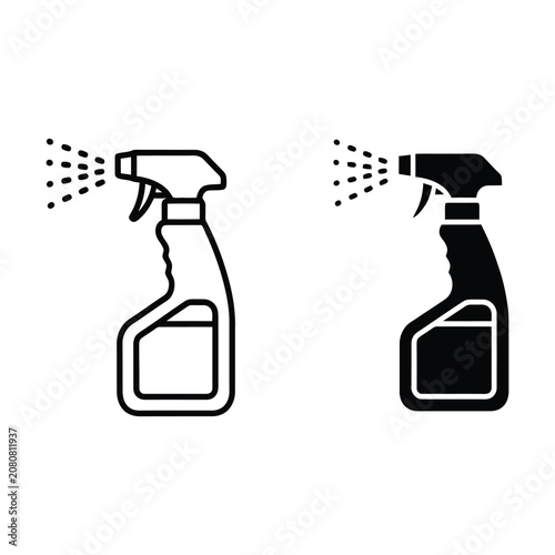 Spray bottle cleaning icon set in flat outline and solid black style for hygiene and household maintenance design projects