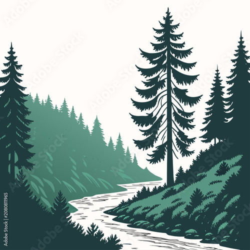 A serene forest landscape with tall pine trees and a winding river flowing through the valley, rendered in a two-tone green style