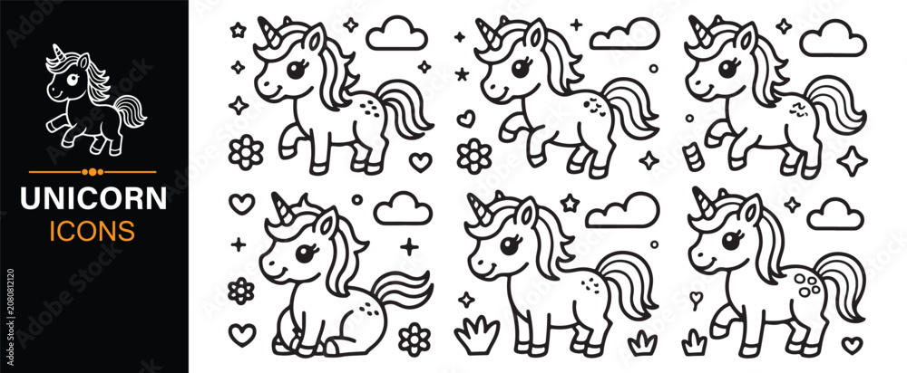 Obraz premium Kawaii Unicorn Doodle Set