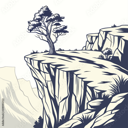 A solitary tree standing on the edge of a steep rocky cliff overlooking a deep canyon, rendered in a clean black and white line style