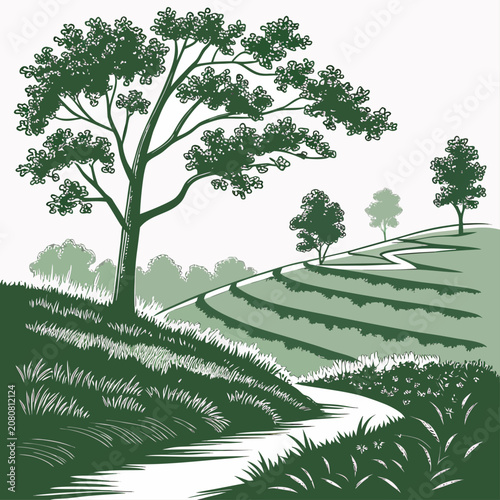 A serene countryside scene with a large tree on a grassy slope and a winding path leading through rolling green hills, in a two-tone style