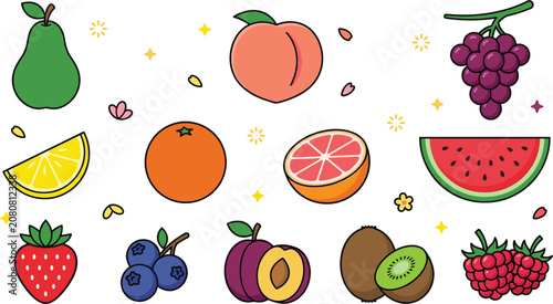 Fresh Organic Fruit Icon Set Featuring Pear Peach Grapes Lemon Orange Grapefruit Watermelon Strawberry Blueberry Plum Kiwi and Raspberry Vector Graphic