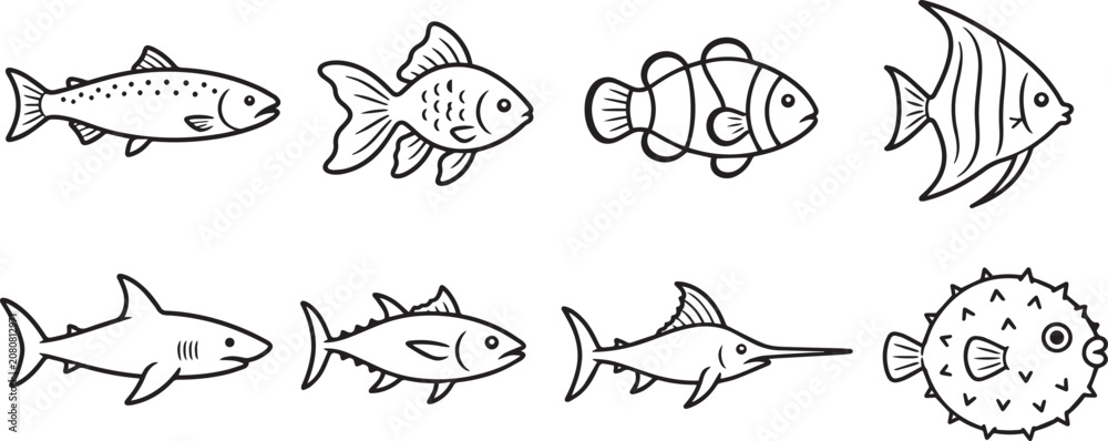 Obraz premium Fish Modern and Premium Icon Set, Featuring salmon, goldfish, clownfish, angelfish and More, Editable Stroke, Outline Icon Collection