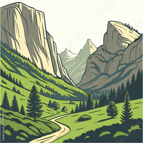 Artistic of a winding dirt path leading through a green meadow surrounded by steep mountain cliffs and evergreen pine trees