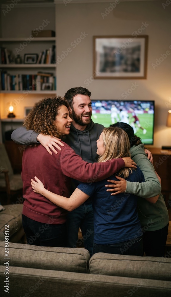 Obraz premium Friends celebrating together after a goal while watching sports at home