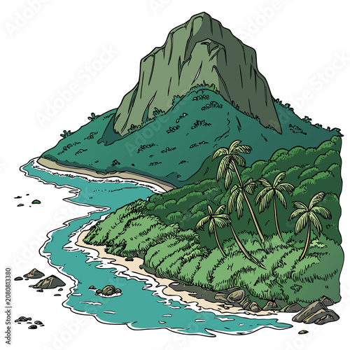 Isometric view of a tropical island with a large green mountain, dense forest, palm trees, sandy beach, and turquoise water with coastal rocks