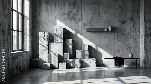 Interior view of a raw concrete room with abstract geometric block wall design concrete interior geometric architecture sculpture