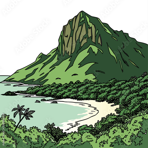Landscape of a tropical beach with a large mountain, lush green forest, palm trees, and clear turquoise water coastline