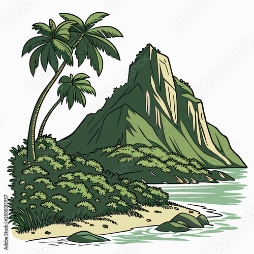 Tropical island landscape featuring a large green mountain, palm trees, lush vegetation, and a sandy beach with rocks by the water