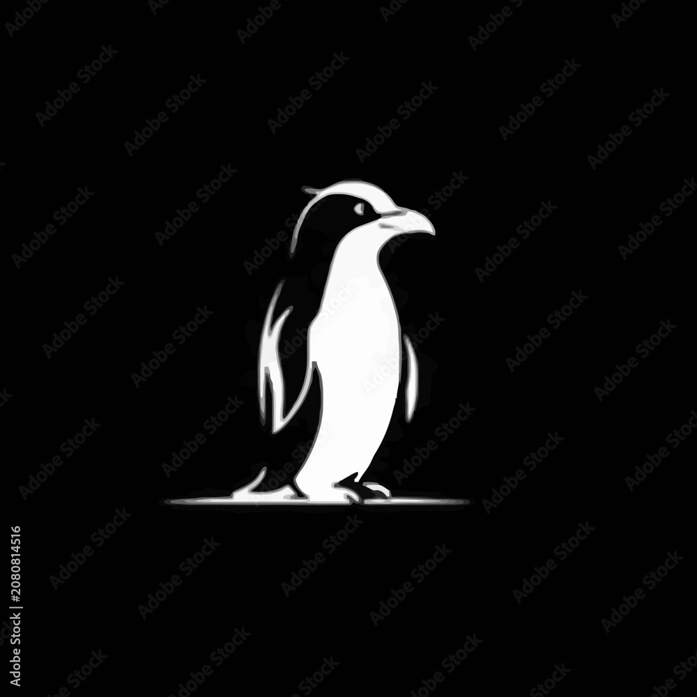Obraz premium Sleek, high-contrast black and white graphic illustration featuring a stylized penguin with a dignified posture, ideal for modern branding, logos, or sophisticated wildlife-themed design projects