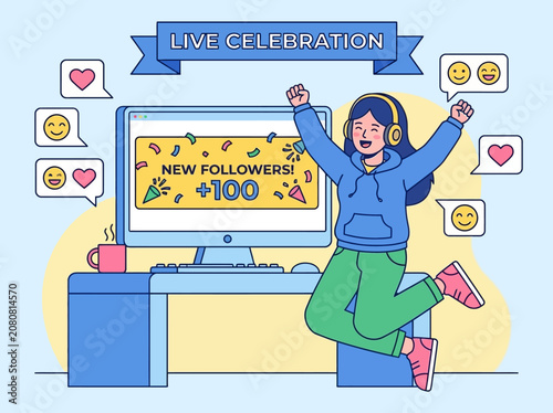 Happy young woman celebrating the exciting achievement of gaining new followers on her social media channel, illustrating online community growth and content creation success
