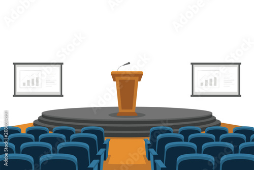 Foto Empty Conference Hall with Podium, Microphone, and Projection Screens Vector Ill