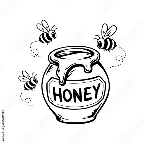 Drawn Honey Pot with Bees: A charming illustration depicts a clay pot brimming with golden honey, with three stylized bees buzzing around it.