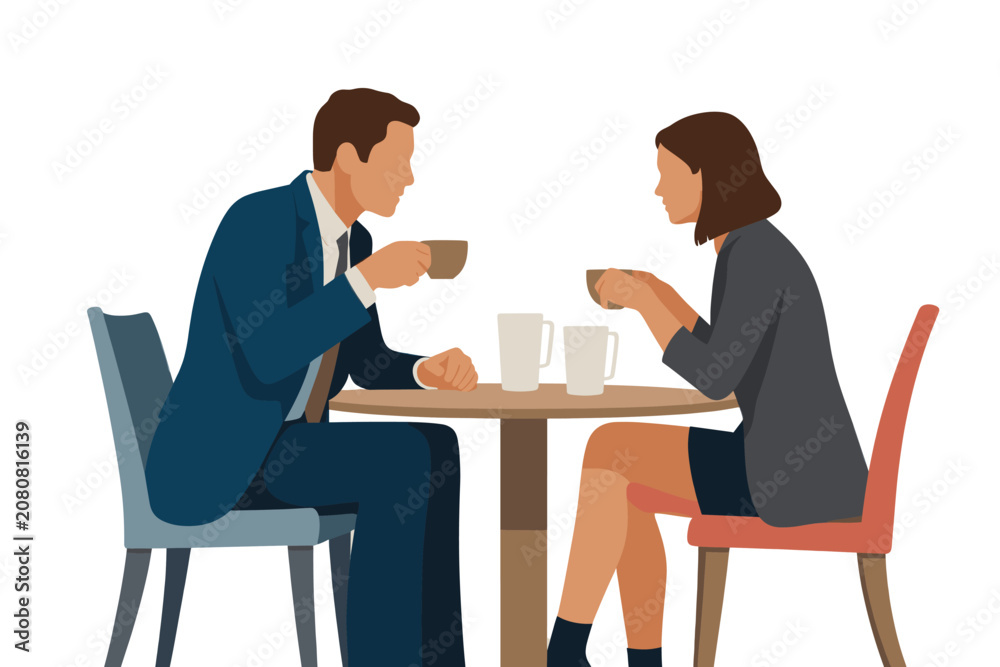 Fototapeta premium Business Man and Woman Drinking Coffee at Table Illustration