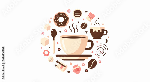 Coffee and Sweet Pastries Flat Vector Illustration Set for Cafe Branding, Breakfast Concept with Cups, Donuts and Coffee Beans