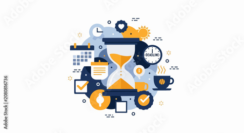 Time Management and Productivity Concept Illustration Featuring an Hourglass, Clock with Deadline Text, Calendar, and Business Icons for Efficiency and Planning