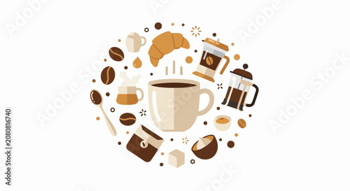 Flat Vector Coffee Icons Illustration with Mug, French Press, Beans, and Croissant in Circular Composition