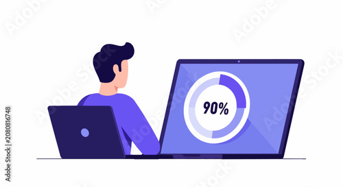 Vector Illustration of a Man Working on a Laptop with a 90 Percent Loading Progress Bar Circular Indicator
