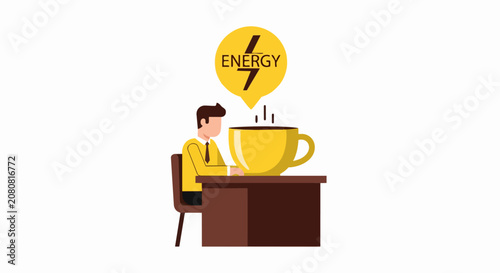 Businessman at Desk with Giant Coffee Mug for Energy Boost Vector Illustration