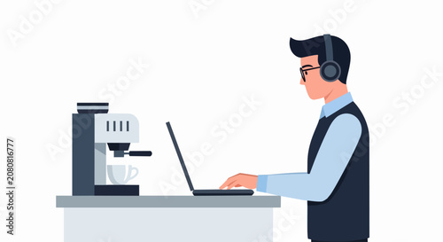 Man Working on Laptop with Headphones and Coffee Machine Vector Illustration - Remote Work and Freelance Concept