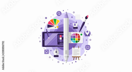Creative Digital Graphic Design and Art Tools Illustration with Stylus, Tablet, Color Palettes, and Creative Workspace Icons on White Background