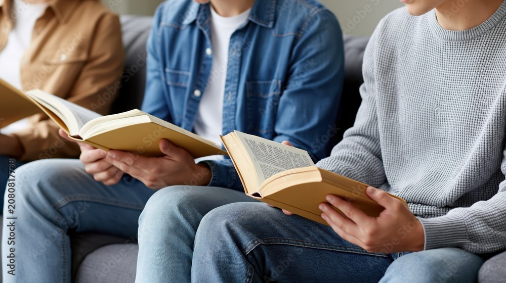 Fototapeta premium Group of friends reading books together on a couch, sharing knowledge and fellowship