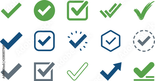 Green and Blue Check Mark Vector Icon Set Featuring Various Tick Symbols Like Double Check Checkbox Hand Drawn Brush and Ok Buttons for Survey Forms