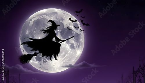 Silhouette of a witch flying on a broomstick across a giant luminous full moon with bats in a dark purple night sky