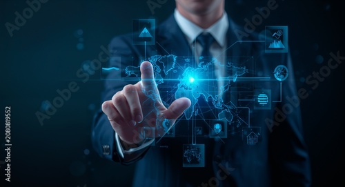 Businessman reviewing multilingual capabilities for global business planning using holographic language tools � Business Professional and Corporate Lifestyle Concept for Leadership