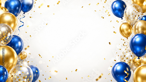 Festive blue and gold balloons frame background with floating confetti for birthday celebration party or event announcement