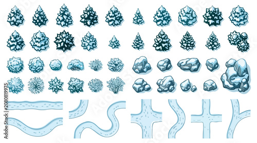 Isometric winter game assets, snow covered pine trees and frozen rocks vector set, icy path and road tiles for map design