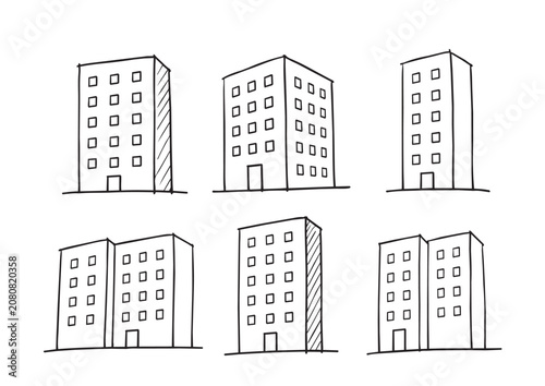 Doodles sketch high-rise building, set