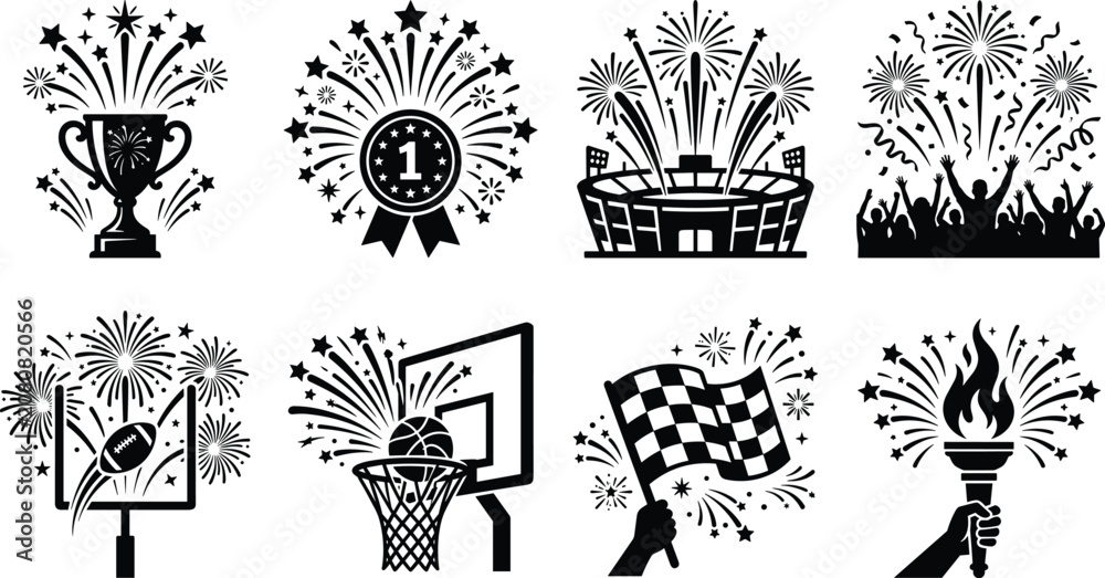 Fototapeta premium Sports Victory Celebration Vector Set with Fireworks and Achievement Icons
