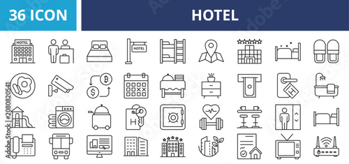 Hotel web banner icon set outline vector illustrations concept with icon hotel, travel, holiday, vacation, architecture, luxury, modern