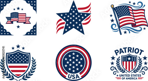American patriotic emblems collection stars stripes and national pride vector graphics