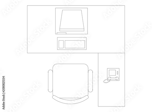 Top view line art drawing of a single office desk setup with a computer monitor keyboard mouse and a telephone, featuring an office chair.