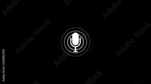 White color radio wave and voice recording podcast mic microphone button icon animation. Audio microphone icon animation on black background