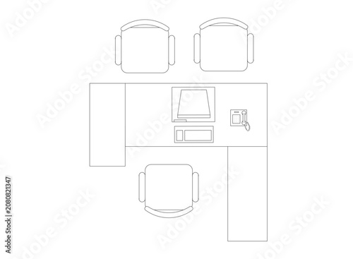 Top view line art drawing of an office desk with a computer and telephone and three chairs, one positioned in front two at rear.