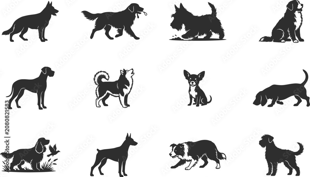 Obraz premium Dog Breed Silhouette Collection with Standing Sitting Walking Canine Icons for Pet Animal Diversity and Graphic Design Projects