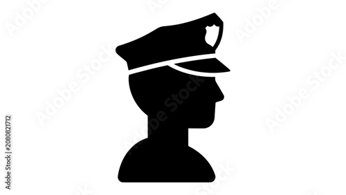 Foto Police Officer Silhouette: A stark black silhouette of a police officer in profile, wearing a cap with a badge emblem, symbolizing authority and order