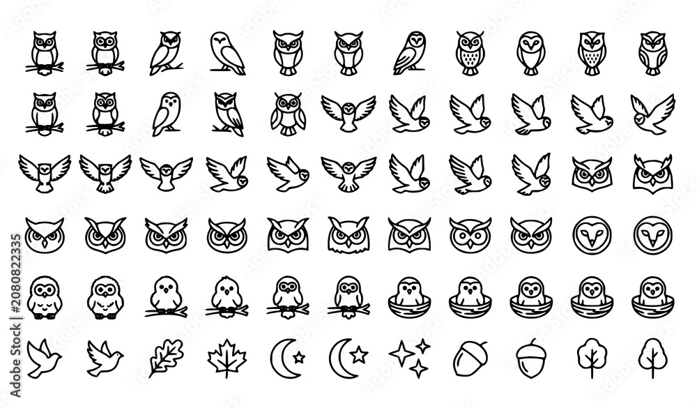 Fototapeta premium Owl outline icons vector minimalist bird pack
