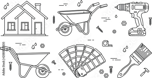 Home renovation and improvement line icon vector set featuring house wheelbarrow power drill color palette fan paintbrush hardware