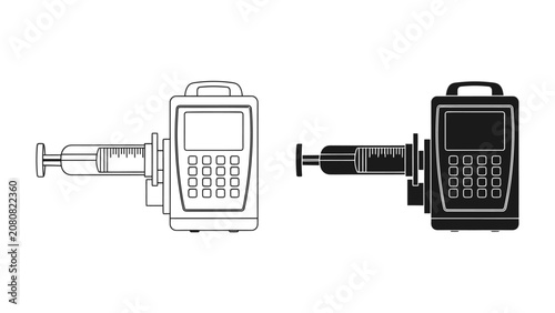 Canvas Print Infusion Pump Vector Set: A minimalist set of vector illustrations depicts an infusion pump with a syringe, shown in both outline and solid black style
